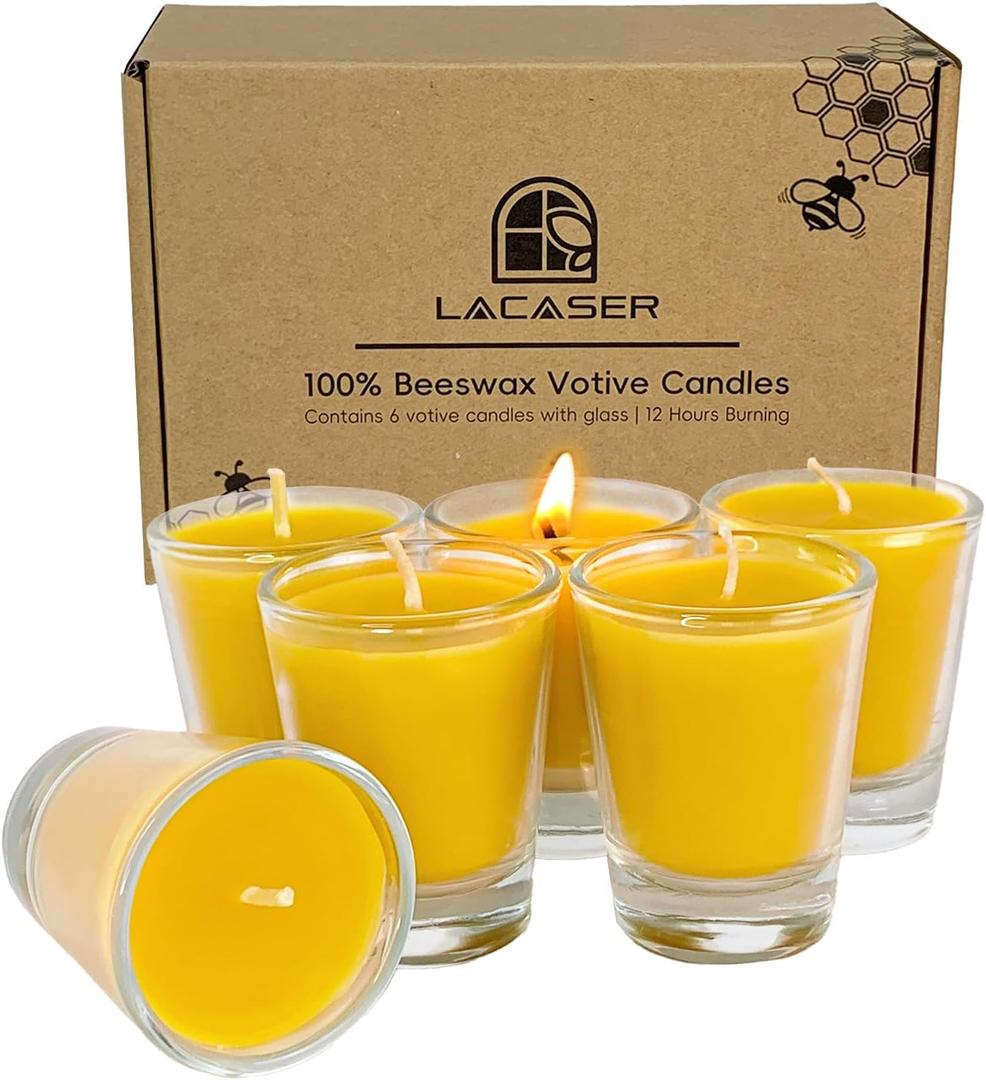 Pure Beeswax Votive Candles in Glass Cup, 6 Pack Bulk Bees Wax Candles for Home, Natural Honey Scent, Bee Themed Gifts for Bee Lovers, Burning Time 12 Hours, Natural Yellow