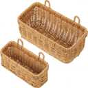 Tioncy 2 Pcs Woven Hanging Wall Baskets for Storage Boho Style Hanging Storage Plastic Woven Baskets with 4 Hooks for Kitchen Garden Living Room (Light Brown)