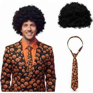 2 Pcs Pumpkin Man Halloween Costume Dress Up Included Black Wig and Orange Pumpkin Tie TV Character Cosplay Dress Up for Adults Halloween Cosplay Party Supplies