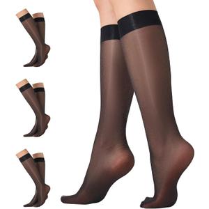 3 Pairs Shiny Knee High Stockings for Women 40 Denier Glossy Nylon Trouser Socks (Black)