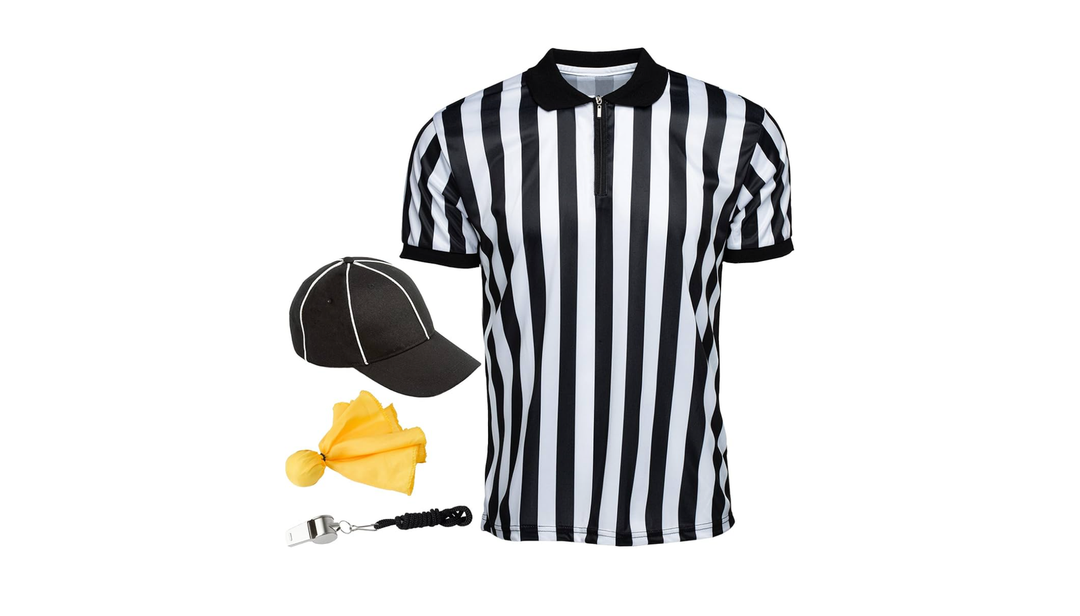 Murray Sporting Goods Men's Collared Referee Shirt 4-Piece Bundle - Referee Shirt, Hat, Flag, & Whistle Halloween Costume, Size M
