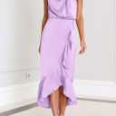 KIRUNDO Women 2025 Summer Fall Satin Mock Neck Wedding Guest Party Cocktail Midi Dress Sleeveless Wrap Ruffle Formal Dresses (Purple, S)