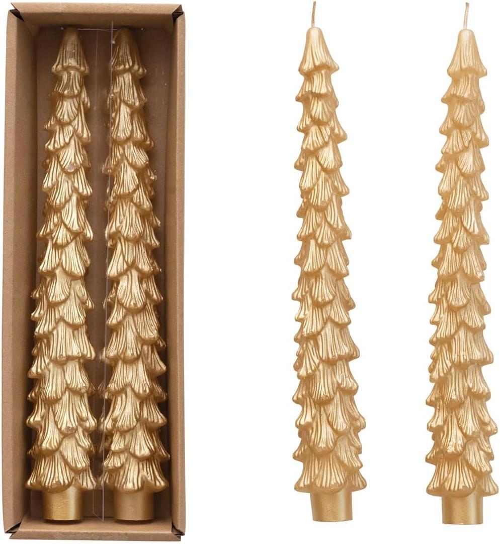 Creative Co-Op Unscented Tree Shaped Taper Candles, Gold, Boxed Set of 2 (10")