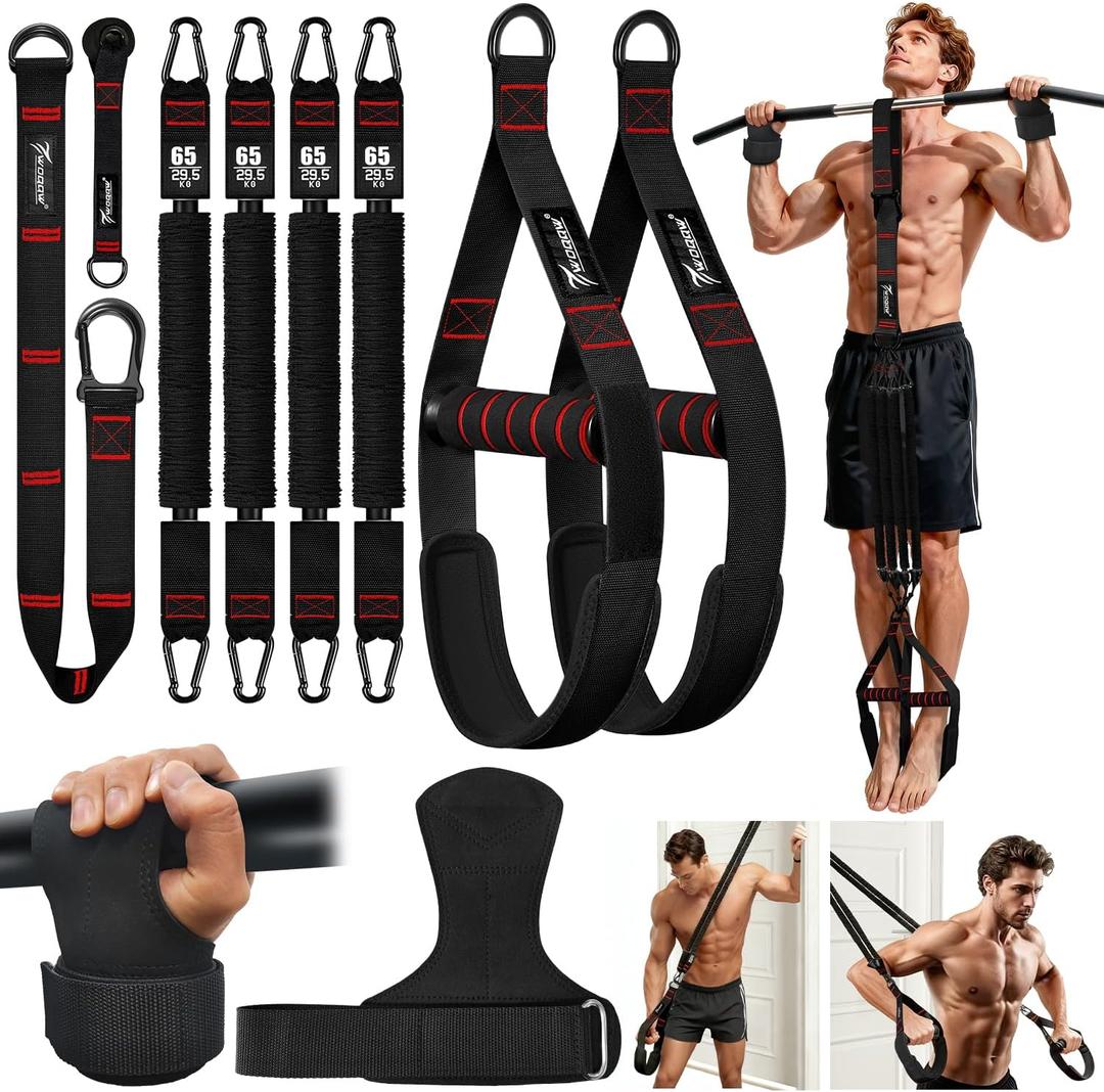Upgraded Pull Up Assistance Bands, Heavy Duty Resistance Bands with Handles, Exercise Band with Door Anchor, Adjustable Workout Band Set for Pull Up Bar, Full Body Strength&Muscle Training, Home Gym (Black and Red)