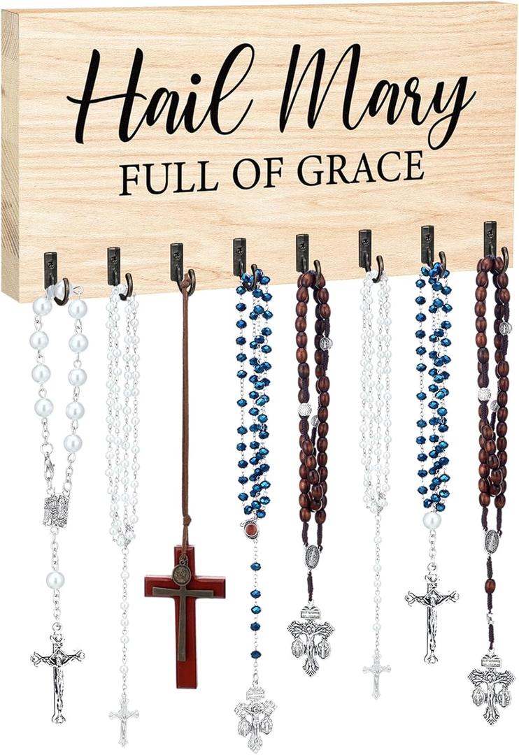 Large Wooden Rosary Holder Wall Mounted with 8 Hangers Catholic Rosary Storage Organizer Decorative Hanger Holder for Necklace, Bracelet Prayer Storage (Natural)