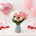 28 Pcs Artificial Tulips, 13.5 Inches PU Faux Tulip Flowers for Spring Easter Celebration Mothers Day Brunch Table DecorWhite+Pink