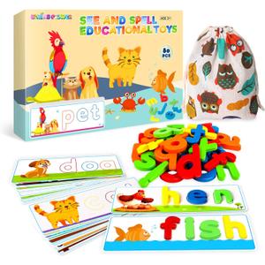 SpringFlower See & Spell Matching Letter Toy,Learning Educational Toy For 3 4 5 6 Years Old Boys And Girls,Preschool Learning Activities,Shape & Color Recognition Game,Cvc Word Builders For Kids,80Pcs
