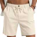 PLEPAN Mens Casual Linen Shorts - 7 inch Elastic Waist Drawstring Summer Beach Vacation Short (Large, Beige)
