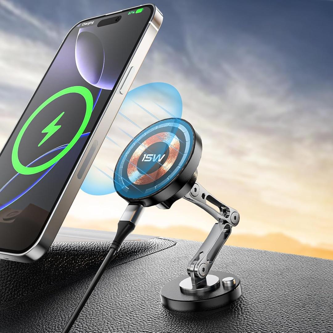 Magnetic Car Mount Charger Wireless, 15W Fast Charging 2 in 1 Magnetic Cell Phone Holder Stick on Dashboard Windshield, 360 Foldable Full Metal Car Accessories for iPhone16/15/14/13/12 Series