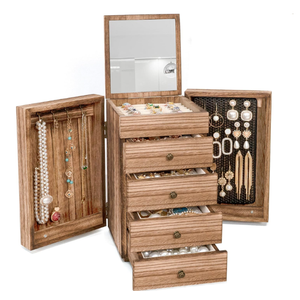 Meangood Jewelry Box Wood for Women, 5Layer Large Organizer Box with Mirror & 4 Drawers for Rings, Earrings, Necklaces, Vintage Style, Torched Wood