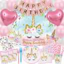 Unicorn Birthday Decorations, Unicorn Party Supplies for Girls Birthday - Party Backdrop Bday Balloons Kit Headband Cake Cupcake Toppers Wrappers Banner Tattoos Plates Cups Napkins Straws Favor Bags