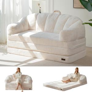 MAXYOYO Folding Sofa Bed, 2 in 1 Convertible Sofa to Lounger Comfy Loveseat Bean Bag Chair for Adults, Floor Sleeper Couch with Handle, Faux Fur Couch Bed for Living Room Bedroom, Beige, Loveseat