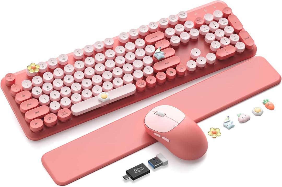Wireless Keyboard and Mouse Combo, Typewriter Keyboard with Magnetic Wrist Rest, Full-Size Cute Round Keycaps, Sleep Mode, 2.4G Keyboards for Mac/Windows/PC, Office or Home, Trueque CK23Pro, Pink