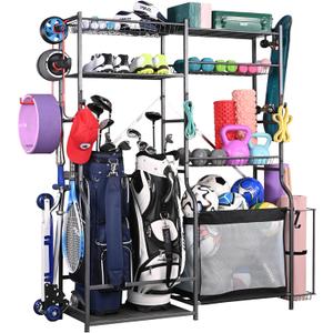 PLKOW Golf Storage Ball Rack Garage Organizer, 2 Golf Bag Organizer and Other Sports Equipment Organizer for Garage, Extra Large Size Sports Storage Rack for Garage (Black, 66.3"Lx15.7"Wx66.1"H)