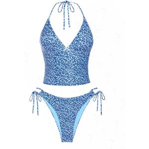 seamoly Women's Tankinis Striped Halter String Tie Side 2 Piece Tankini Sets Swimsuit (Blue-07), XS