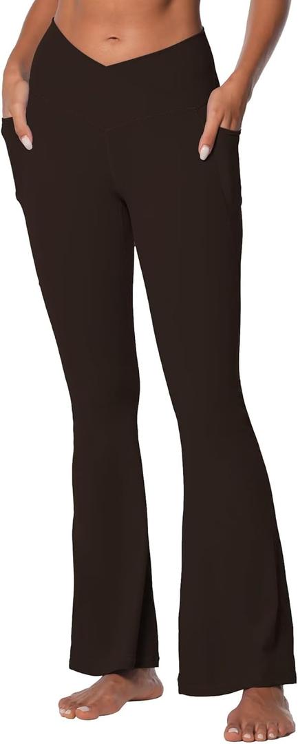 Sunzel Flare Leggings for Women with Pockets, Crossover Yoga Pants with Tummy Control, High Waisted and Wide Leg (Large, Java Brown)