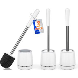 Toilet Brush, Toilet Brush and Holder with 304 Stainless Steel Handle, Space Saving Toilet Bowl Brush for Storage, Durable Bristles Toilet Scrubber for Bathroom Cleaning (3, White)