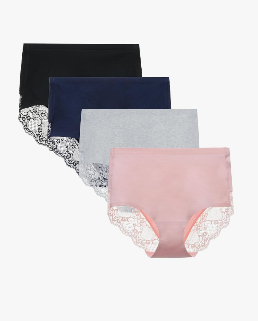 Women's Combed Cotton Lace Full Coverage High Rise Seamless Brief Panty Underwear 4 Pack Size L