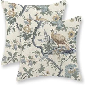 Chinoiserie Pillow Covers 18x18 Set of 2 Blue Green Bird Floral Throw Pillows Vintage Flowers Decorations Pillowcase Outdoor Chinoiserie Decor Linen Cushion Case for Couch Home