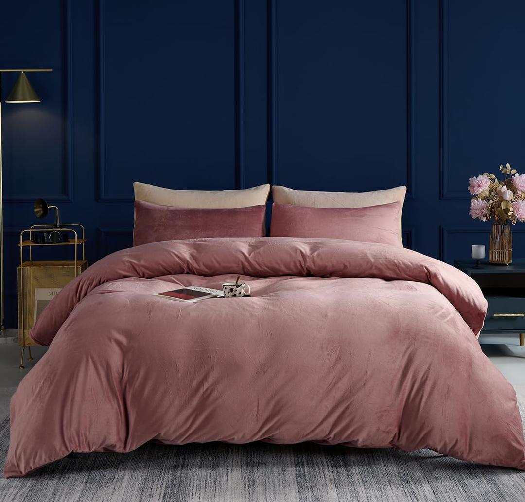 TUMEI 3PCS Velvet Duvet Cover Queen, Comforter Duvet Cover Set Queen Size, Luxury Bedding Soft Fluffy Velvet Zipper Closure, Blush Pink (Queen,No Comforter)
