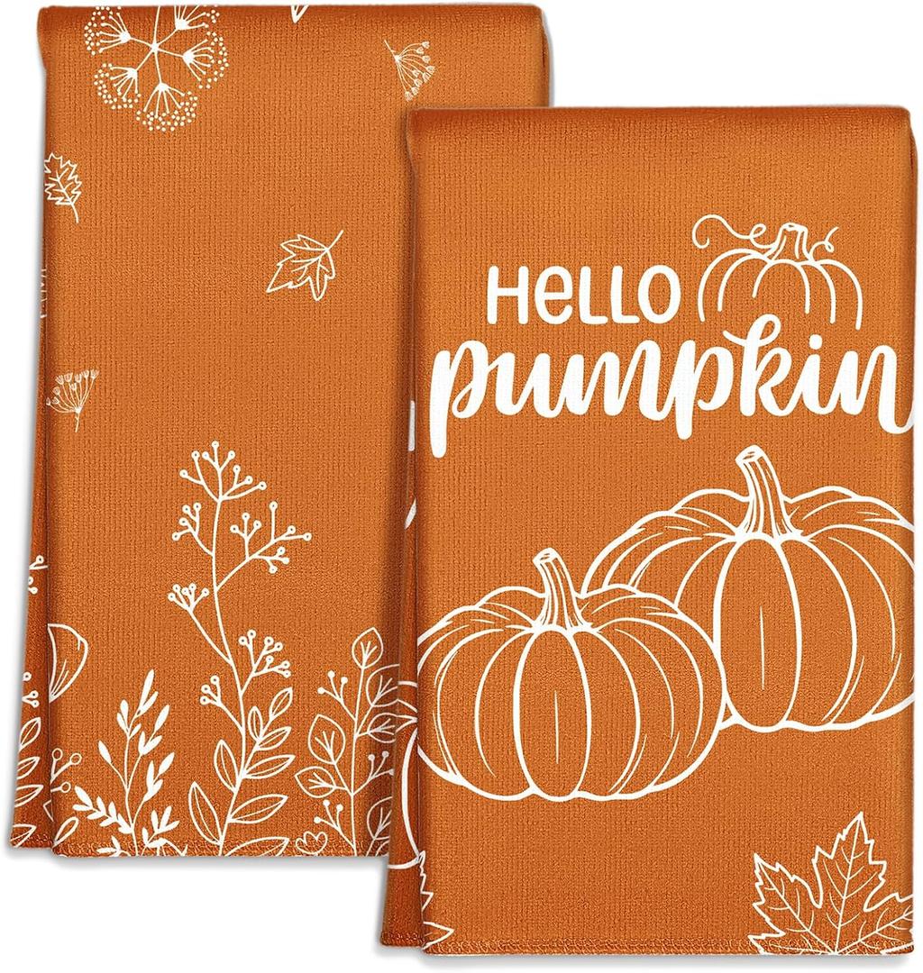 Fall Kitchen Towels Set of 2 - Fall Kitchen Dish Towels 18x26 Inches Microfiber Decorative Autumn Themed Towel for Thanksgiving Harvest, Absorbent Hand Towel with Hanging loop, Burnt Orange