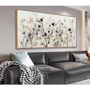 Framed Flower Canvas Wall Art Blossom Canvas Pictures Abstract Grey Cream Brown Landscape Artwork Canvas Prints for Home Living Room Bedroom Kitchen Office Wall Decor Ready to Hang 24"x 48"