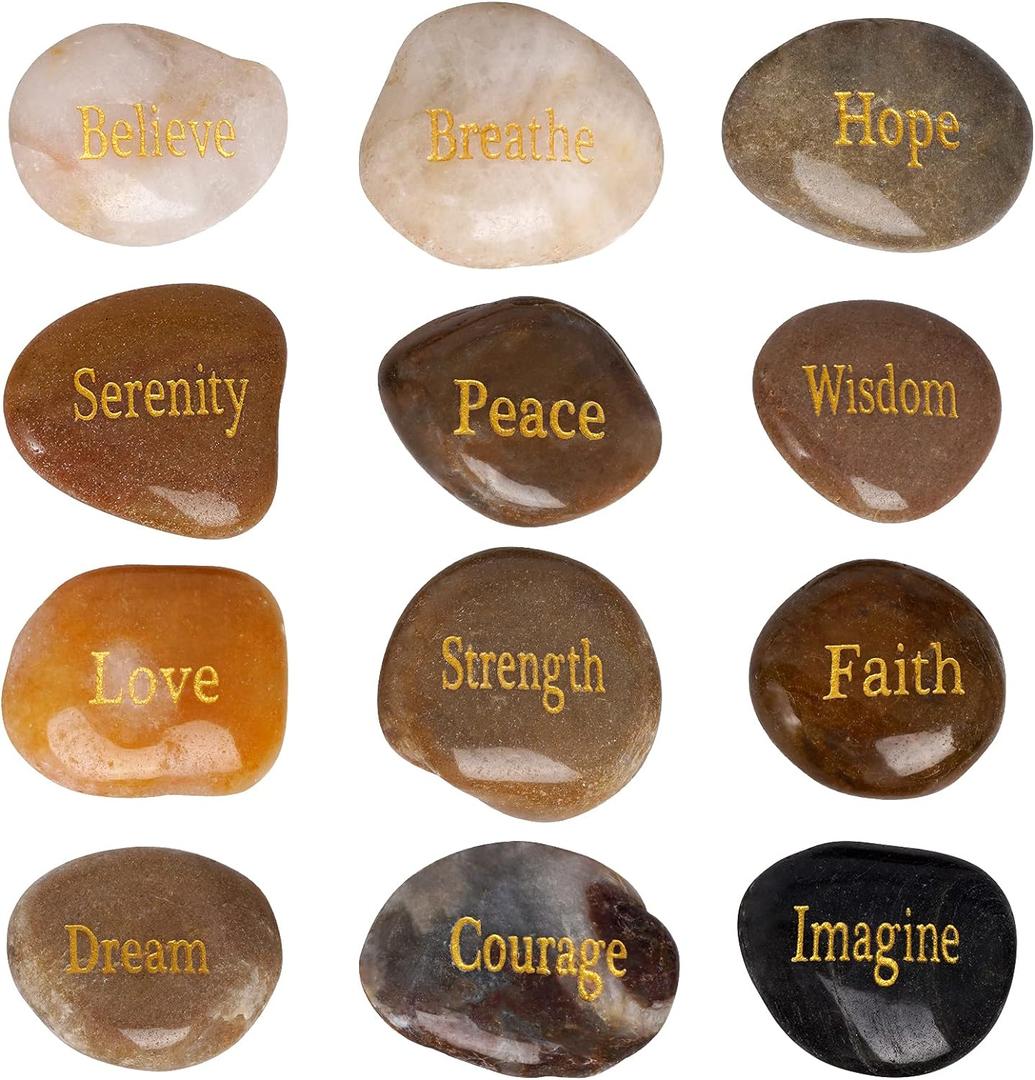 12 Pieces Inspirational Stones Natural Engraved Faith Rocks 12 Different Words Encouragement Amulets Gift for Prayer Friends and Family Religious Home Decor