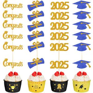 Chinco 100 Pack 2025 Graduation Cupcake Toppers Grad Cap Food Appetizer Picks Cake Graduation Party Decorations Diploma Cupcake Picks for Cake Class of 2025 Graduation Party(Blue and Gold)