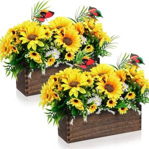 2 Pack Artificial Flower Centerpiece for Dining Table, Rustic Sunflower Flower Arrangement Wooden Planter Box Tray Spring Floral Arrangement for Farmhouse Wedding Reception Kitchen Decor