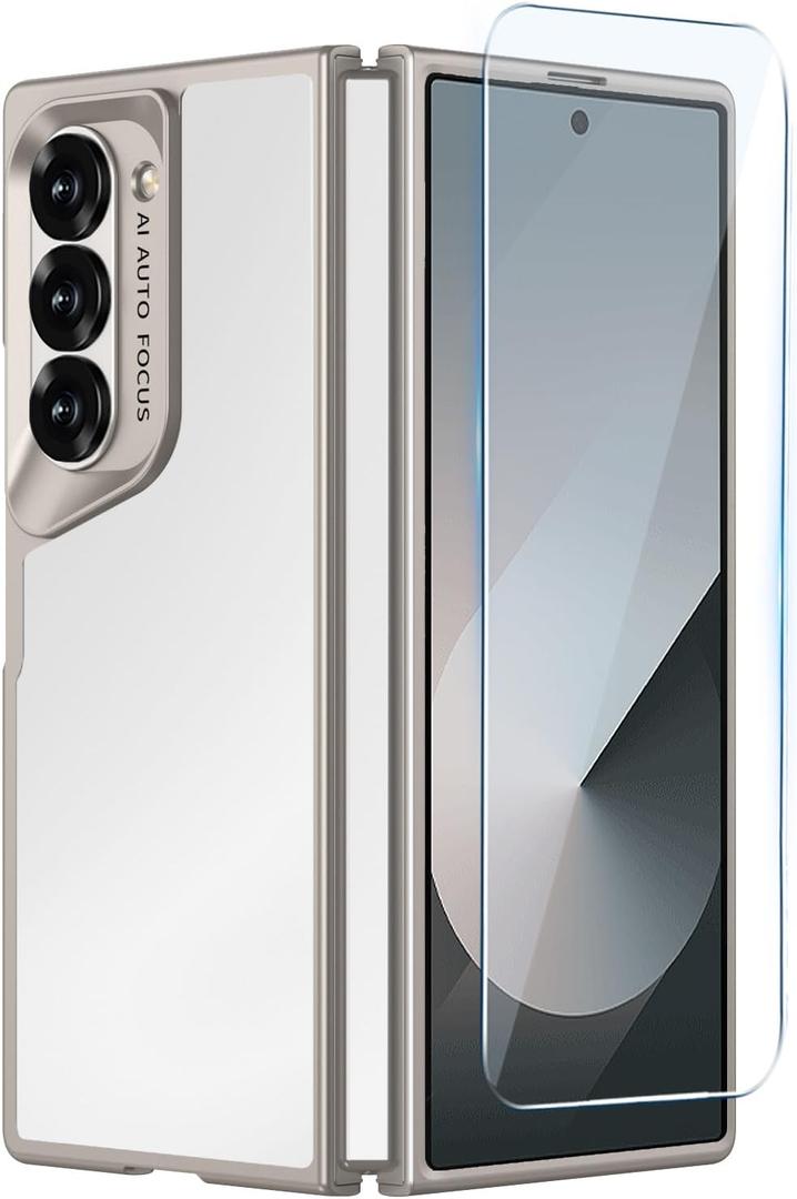 Clear Case for Samsung Galaxy Z Fold 6, Slim Fit Hard PC Case with Front Screen Protector, Anti-Yellowing Translucent Back Anti-Scratch Shockproof Cover for Samsung Z Fold 6 5G(Gold)