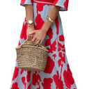 XNC Womens Summer Fall Cross V Neck Short Sleeve Party Long Dresses Red Boho Floral Flowy Split Cocktail Maxi Dress (L)