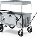 Foldable Wagons for Two Kids & Cargo, with 5-Point Harnesses,Adjustable Push/Pull Handle, Removable Sun Canopy, One-Step Locking Design, Suitable for Family Travel, Two Children Ride, Black (Silver)