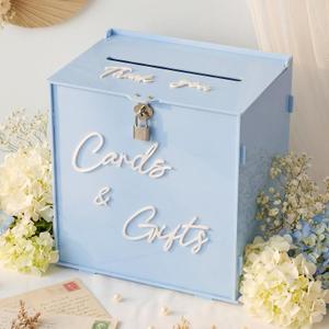 BreezeHug Light Blue Acrylic Wedding Card Box with Slot and Lock, 10 x 6 x 10 in Large Money Gift Box with DIY White Letters Cards Gifts/Thank You Letters, Baby Shower Graduation Birthday Party