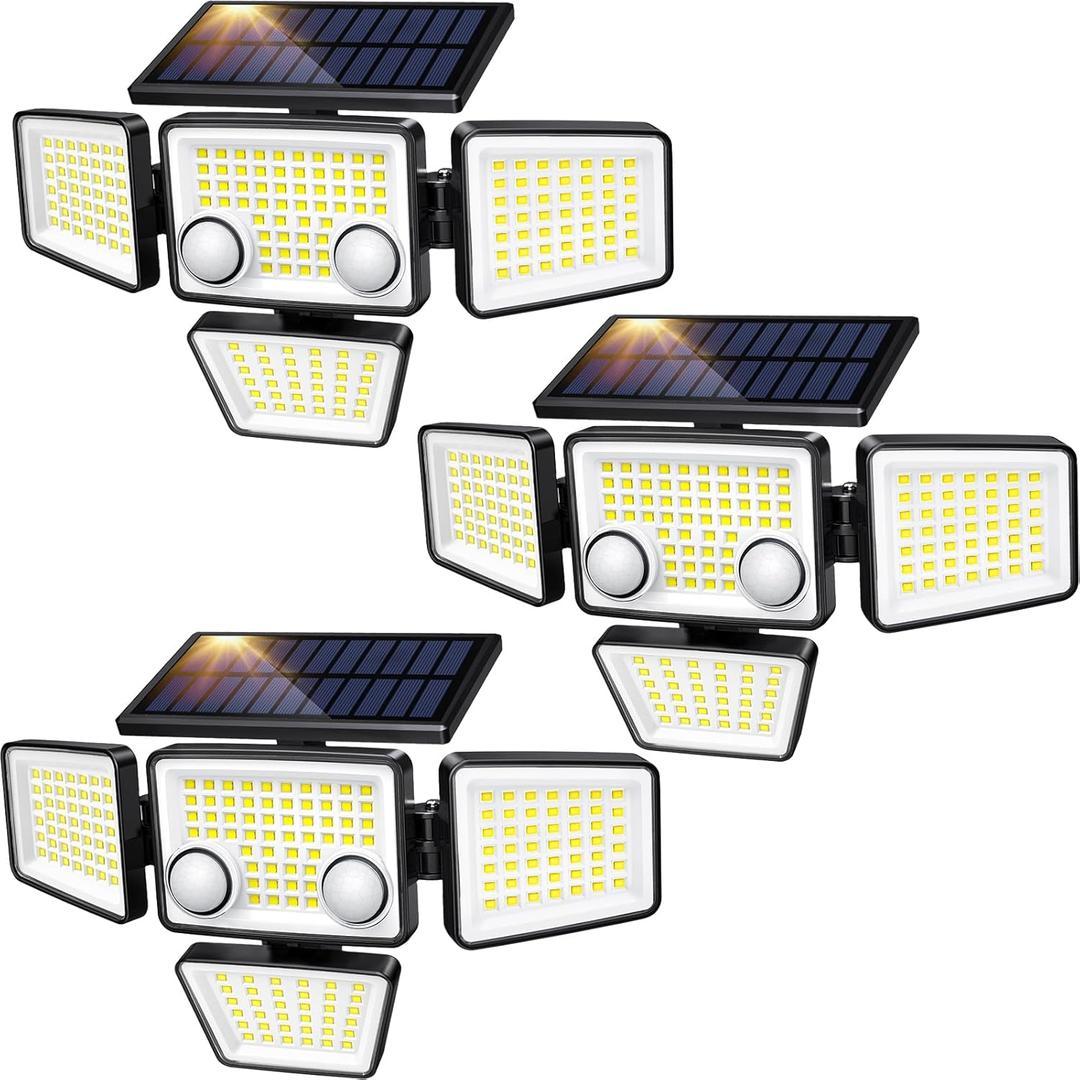 Solar Outdoor Lights - 3000LM 188 LED Motion Sensor Outdoor Lights, 4 Heads Security Light,IP65 Waterproof, Easy Install,270Wide Angle Flood Wall Light with 3 Modes for Backyard Yard (3 Pack)