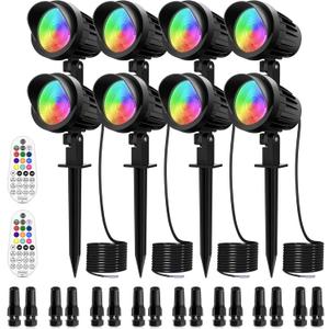 MEIKEE 7W RGB Landscape Lights, DC/AC 12V 24V Low Voltage Landscape Lighting, RGB Color Changing Spot Lights IP66 Waterproof for Christmas Halloween Decoration 8 Packs