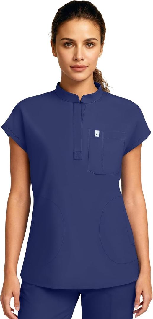 Medical Scrub Tops for Women - Mandarin Collar, Relaxed Fit, 4-Pocket Design, Shirttail Hem, Soft Stretch Scrub Shirts M