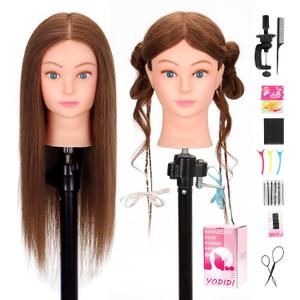 Mannequin Head Human Hair 22"-24" Female 100% Human Hair Mannequin Head Hair Styling Cosmetology Manikin Head Doll Head for Hairdresser with Clamp Holder and Tools (dark brown)