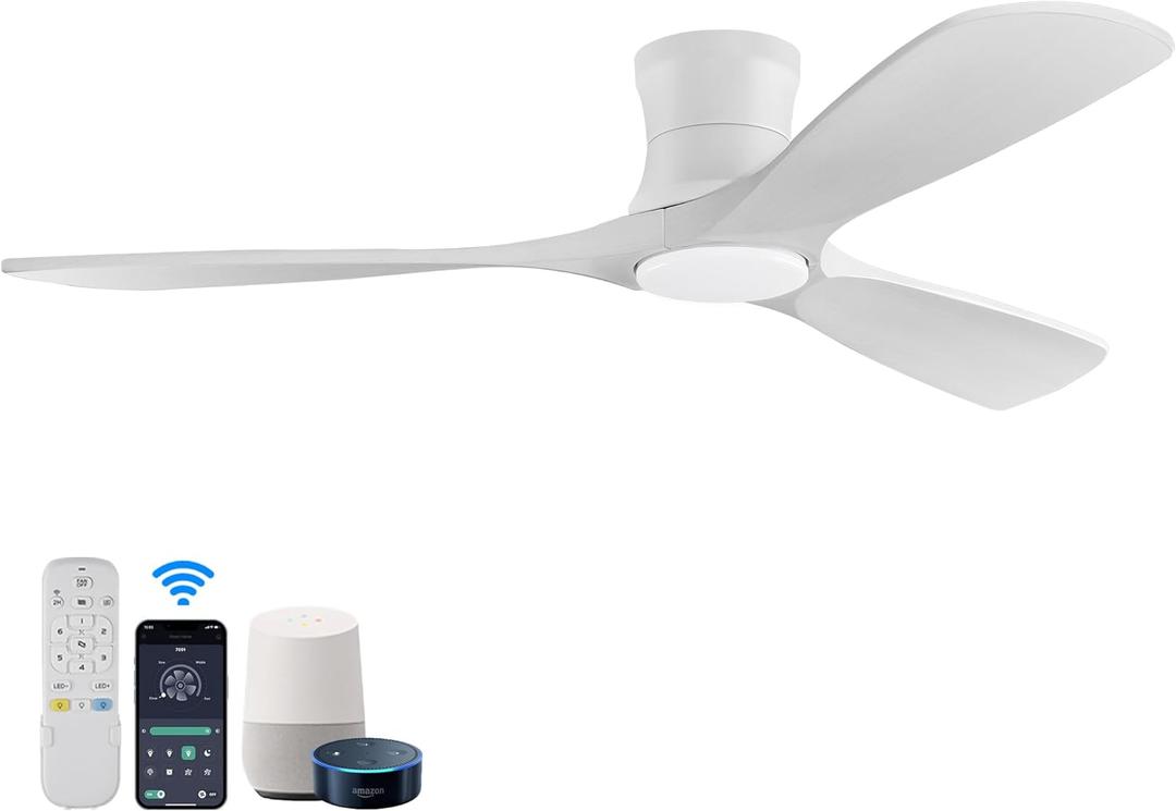 52in Smart Low Profile Ceiling Fans with Lights Remote,Quiet DC Motor,Outdoor Indoor Flush Mount Ceiling Fan,Control with WIFI Alexa App,Dimmable,6-speed,3 White Wood blades,for Modern Bedroom Patio, White Wood