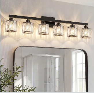 VOLISUN Crystal Vanity Lights for Bathroom, 6 Light Bathroom Vanity Light, Modern Matte Black Bathrooms Light Over Mirror, Black Bathrooms Lights Fixtures-UL Certificated(Exclude Bulb)