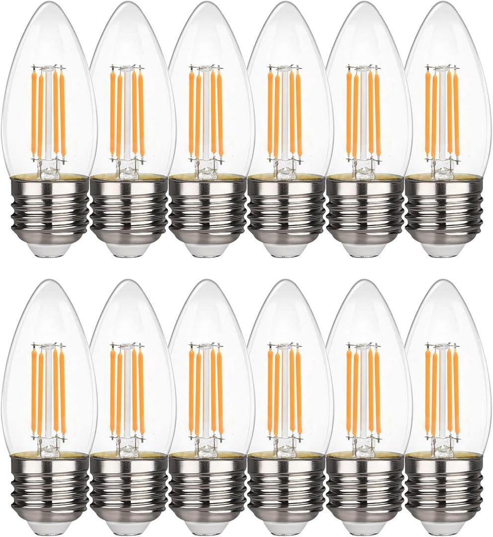 B11 E26 LED Candelabra Bulbs 4.5W(40 Watt Equivalent) 2700K Warm White 450lm dimmable LED Filament Chandelier Light Bulbs Clear Glass Candle Lamp for Ceiling Fan Home Decor 12 Pack