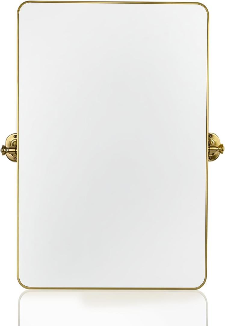 24"×36" Gold Pivot Bathroom Mirror for Wall Tilt Vanity Mirror Modern Rectangle Stainless Steel Metal Framed Mirrors with Rounded Corners Hanging Vertical