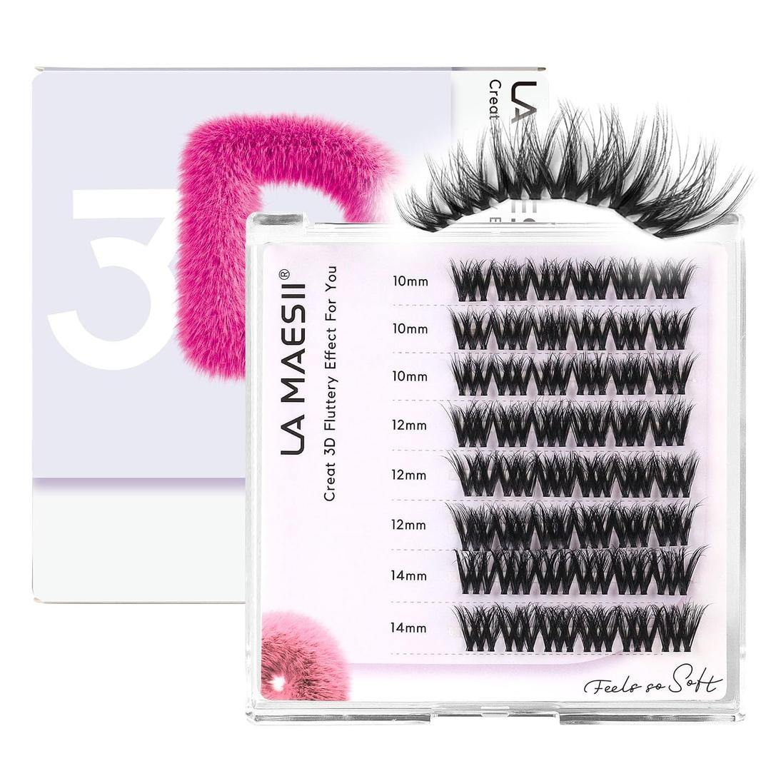 LA MAESII 3D Wispy Lash Clusters, 10-14mm DIY Eyelash Extensions,Individual Lashes with Soft Lash Band(3D-08)