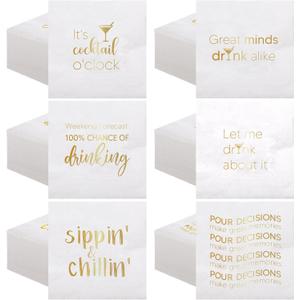 MotiMind 96 Pcs Funny Cocktail Napkins 5'' x 5'' Funny Napkins 2 Ply Funny Cocktail Napkins for Adult,6 Different Quotes Bar Napkins for Wedding Birthday Anniversary Holiday Party(Gold Font)