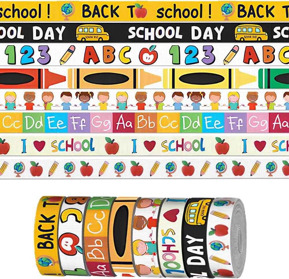 6 Pcs 3 Yards Welcome Back to School Ribbon for Crafting Sewing, 3/8" Width Colorful Grosgrain Ribbons for Gift Wrapping, Preschool Pencil Apples Ribbons for Hair Bow Accessory
