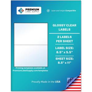 Premium Label Supply Large Glossy Clear Labels  8.5" x 5.5"  Laser/Inkjet Compatible  (2 per Sheet), 10 Sheets  20 Total Adhesive Labels