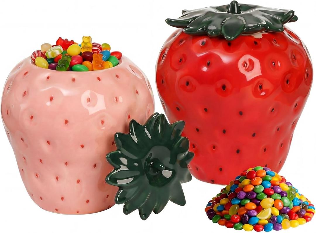 2 PCS Strawberry Storage Jars, Ceramic Cookie Jar Fruit Container with Lid, Cute Candy Jar with Strawberry Decor for Nuts, Coffee Beans, Candies, Tea, Spices, Strawberry Shaped Kitchen Accessories