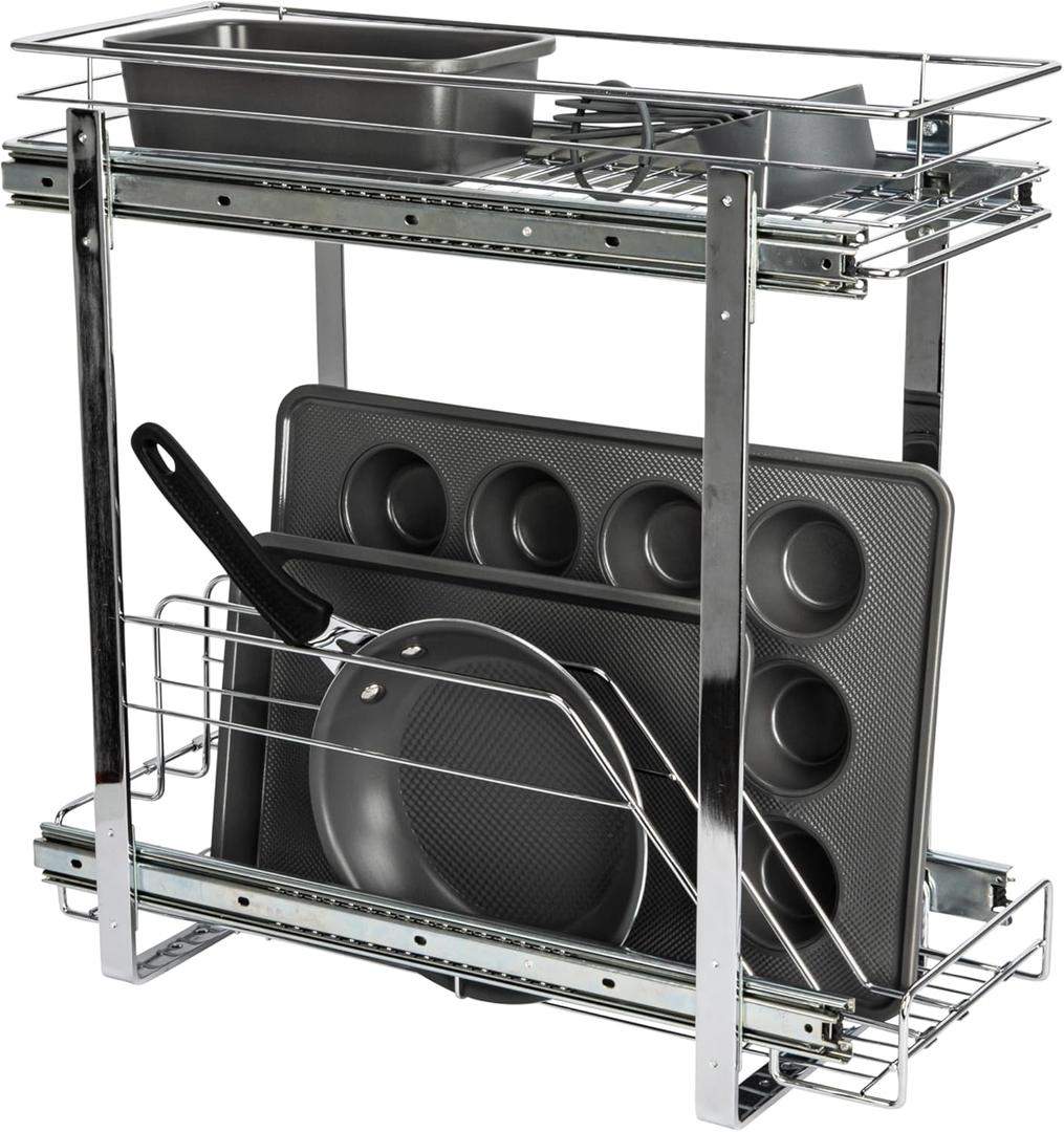 Household Essentials Glidez Multipurpose Chrome-Plated Steel Pull-Out/Slide-Out Dual-Sliding Storage Organizer for Cookware and Bakeware - 2-Tier Design - Fits Standard Size Cabinet or Shelf, Chrome (9" - Extended)