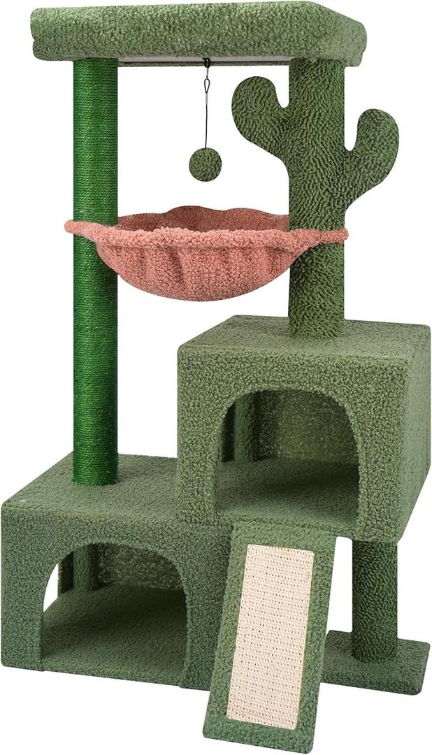 AIWIKIDE 37.4" Cactus Cat Tree Tower with Twin Cat Condos for Indoor Cats, All-in-One Activity Center with Cat Scratching Post Cozy Sleeping Perch Hammock and Toy Balls, Green