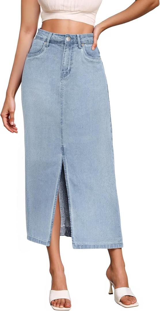 Hybrid & Company Women's Long Denim Skirt – Stretch Jean Skirt for Office and Casual Wear LSKS22883 Light WASH 8 Hybrid & Company Women's Long Denim Skirt – Stretch Jean Skirt for Office and Casual Wear LSKS22883 Light WASH 8