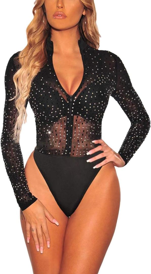 Lrady Women's Sheer Mesh Turtleneck Neck See Through Leotard Bodysuit Body Tops (X-Large, Black-93)